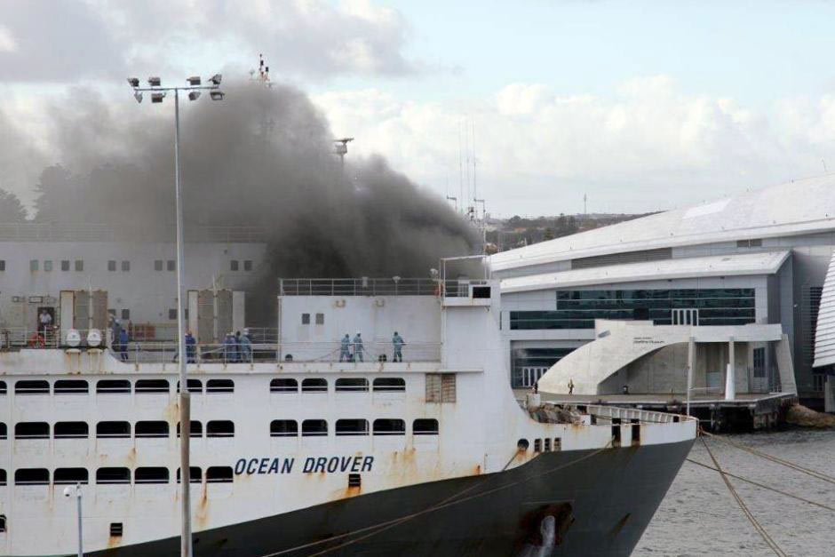 Smoke coming out of a live export ship Ocean Drover that is docked in port