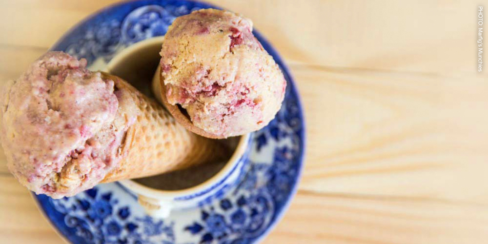 Tahini-pear ice-cream with a berry swirl