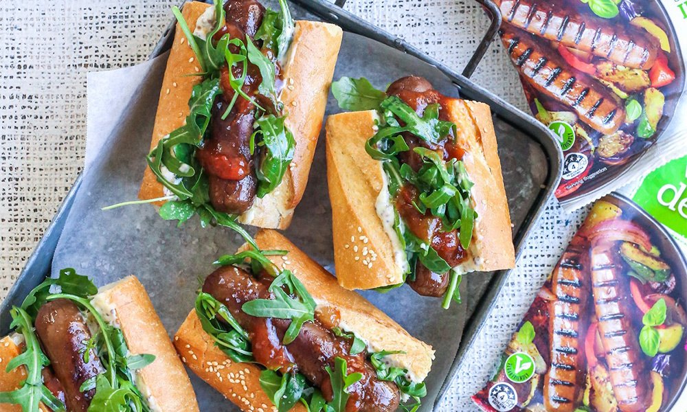 Vegie delights made Plant based / vegan hotdogs on a tray