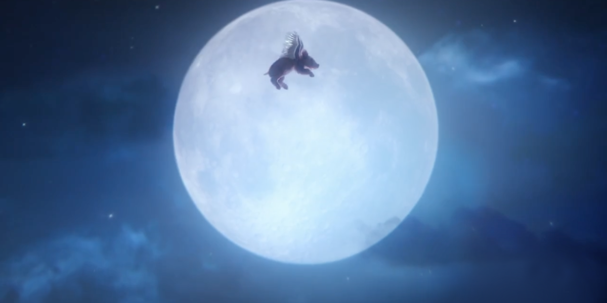A still from our 'Somewhere' TVC. A piglet with wings flies across an enormous full moon.
