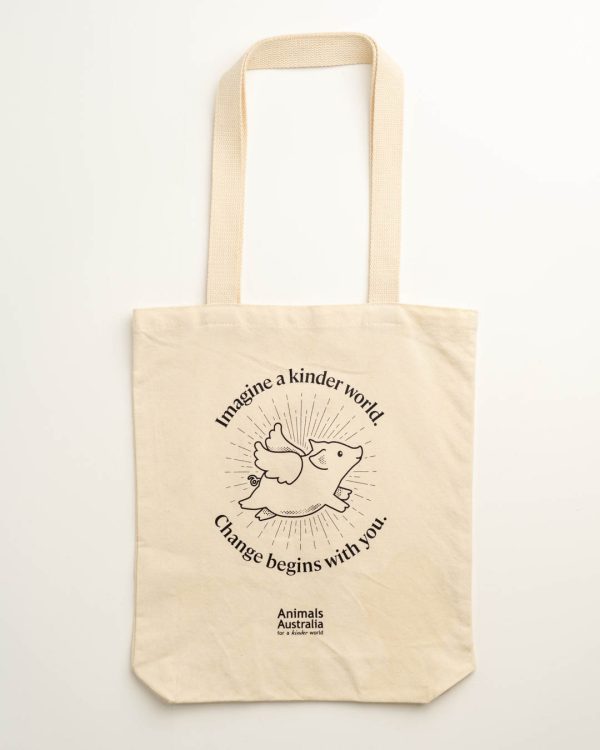 Natural cotton tote bag with an outline image of a flying pig, black AA logo, and the words 'Imagine a kinder world. Change begins with you.'