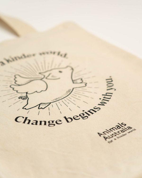 Natural cotton tote bag with an outline image of a flying pig, black AA logo, and the words 'Imagine a kinder world. Change begins with you.'