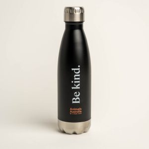 Black drink bottle with silver base and lid. Print says 'Be kind' and includes the AA logo in orange