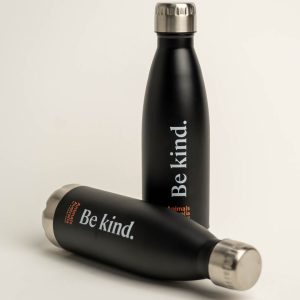 Two black drink bottles with silver base and lid. Print says 'Be kind' and includes the AA logo in orange