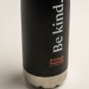 Black drink bottle with silver base and lid. Print says 'Be kind' and includes the AA logo in orange