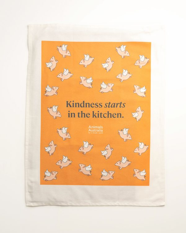 Orange tea towel with white AA logo, flying pigs and 'Kindness starts in the kitchen.'