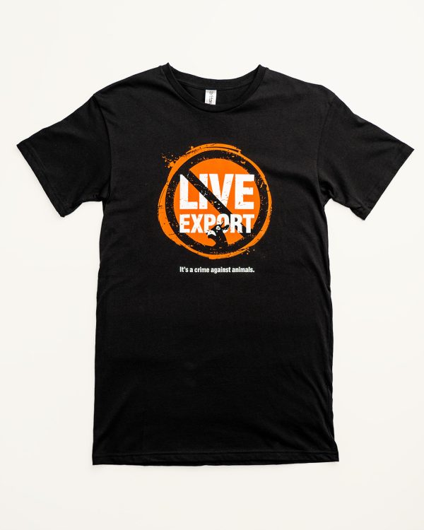 Live export graphic on front of unfitted black tee