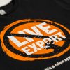 Live export graphic on front of black tee
