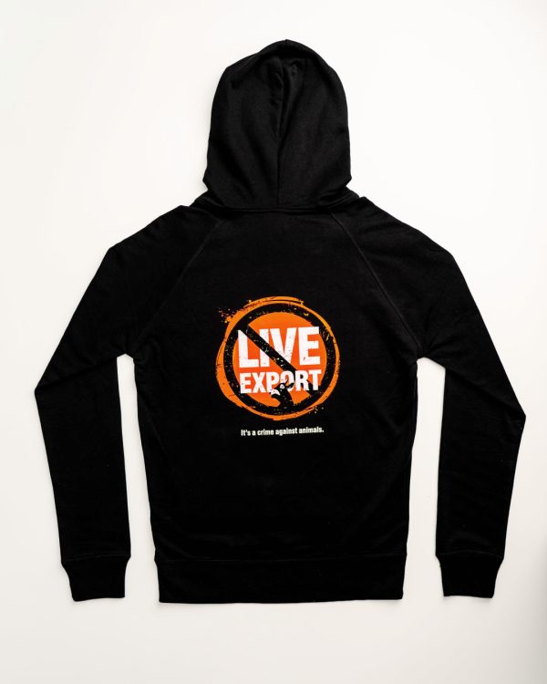 Live export logo on back of black hoodie
