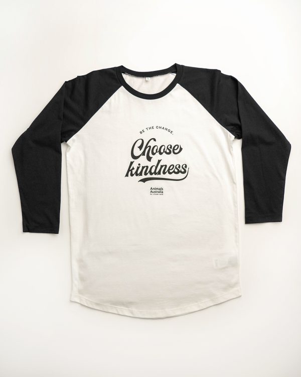 'Choose kindness' logo on white shirt with black sleeves, shoulders and neck