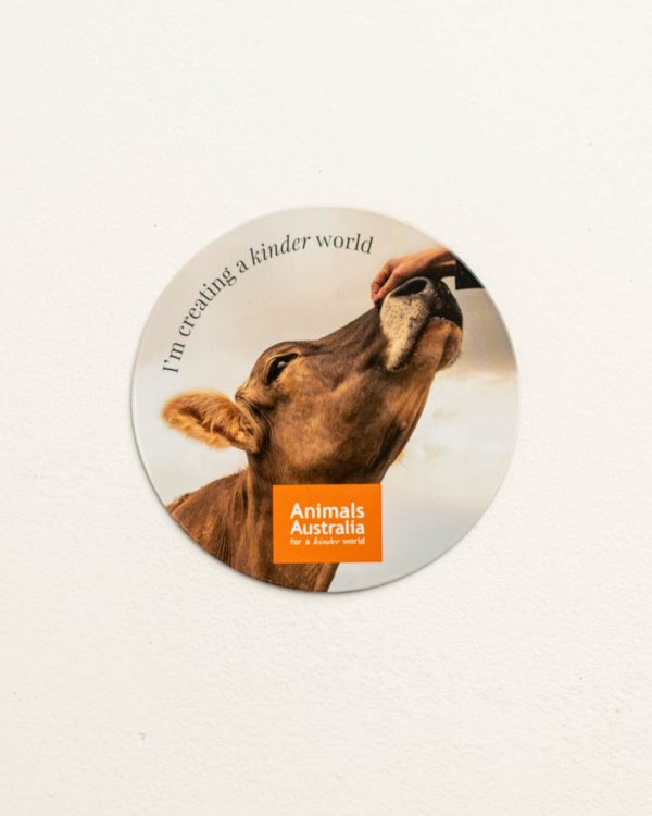 Magnet with the Animals Australia logo, a pic of a hand patting a cow's head and the phrase 'I'm creating a kinder world'