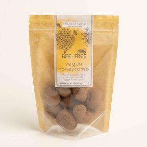 Front shot of 'Bee-free vegan honeycomb'. Brown and clear packet. Yellow label
