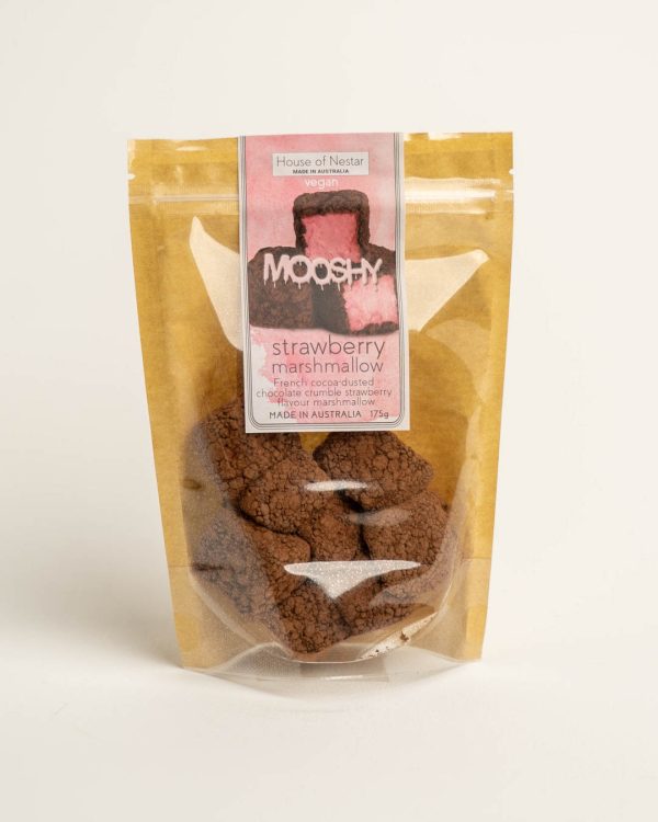 Front shot of 'Mooshy strawberry marshmallow'. Brown and clear packet. Pink label