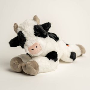 Plush calf. Black and white with grey feet and grey horns. Also has a pink nose