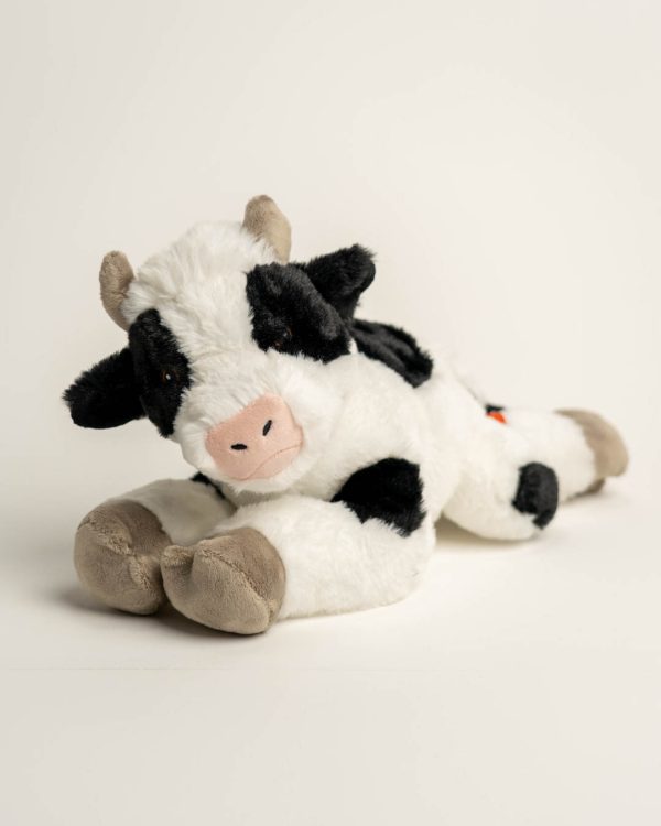 Plush calf. Black and white with grey feet and grey horns. Also has a pink nose