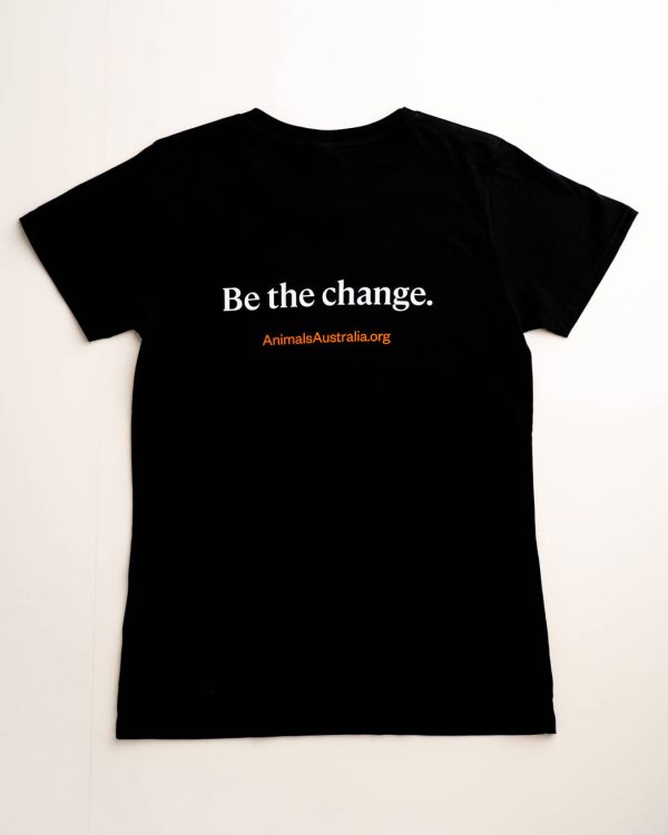 Back of black tee with the Animals Australia website and a quote - "Be the change."