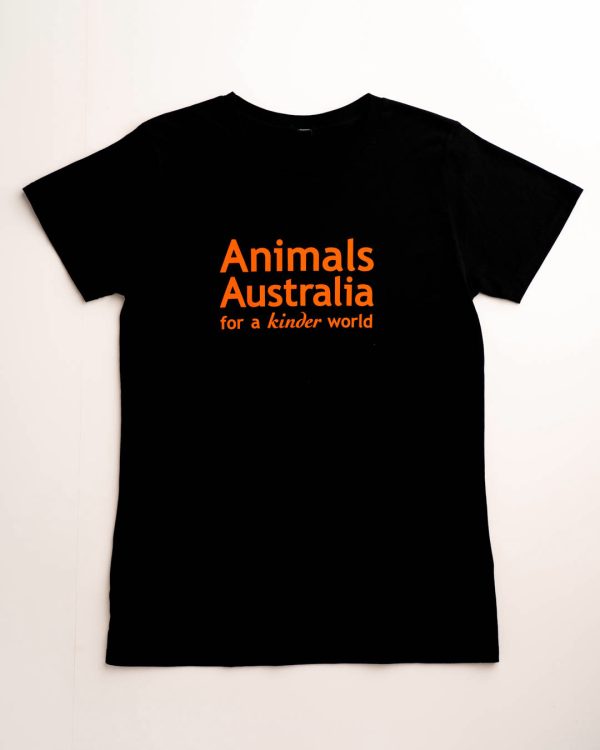 Black tee with a large Animals Australia logo on the front