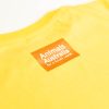 Back of yellow shirt with an orange Animals Australia logo