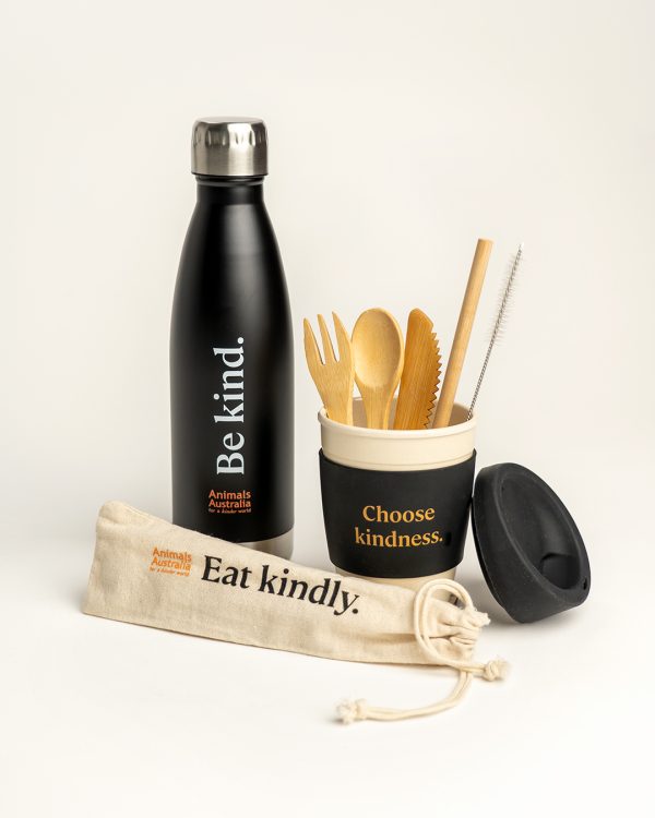 Black drink bottle with 'Be kind' and the AA logo, next to reusable coffee cup with 'Choose kindness' printed on the black band in the middle of the cup. Reusable bamboo cutlery set with straw and straw cleaner is sitting in the coffee cup and the carry pouch for the set is lying in front. Pouch says 'Eat kindly' and has the AA logo printed on it