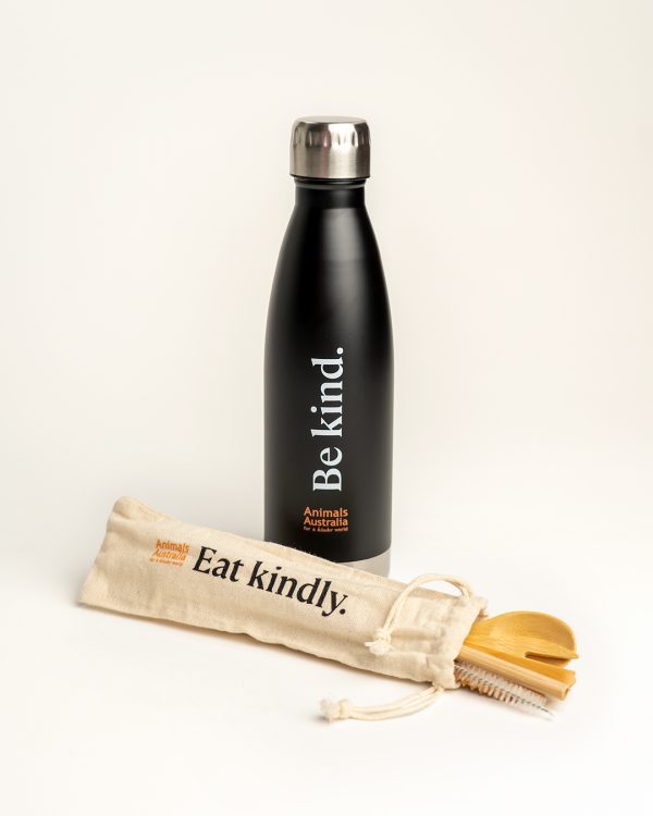 Black drink bottle with 'Be kind' and the AA logo. Reusable bamboo cutlery set with straw and straw cleaner is lying in front of the bottle in it's carry pouch printed with 'Eat kindly.' and the AA logo