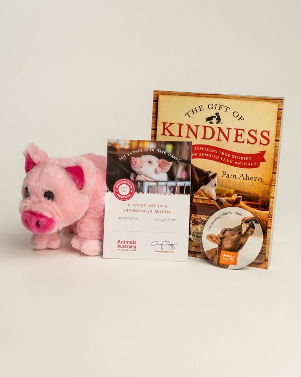 Plush pig and symbolic adoption certificate, 'The Gift of Kindness' book, and a magnet with a hand patting a cows nose and the phrase 'I'm creating a kinder world'