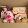 Plush pig and symbolic adoption certificate, 'The Gift of Kindness' book, and a magnet with a hand patting a cows nose and the phrase 'I'm creating a kinder world' all in a cardboard gift box
