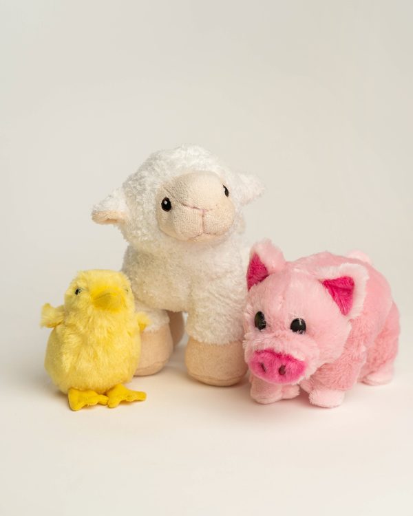 Three plush animals - a lamb, a pig and a chick