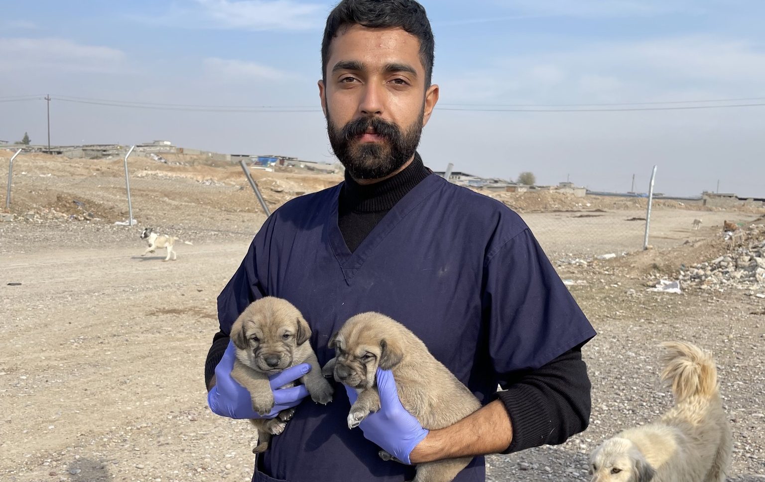 A War Paws team member holds two small puppies in his hands.