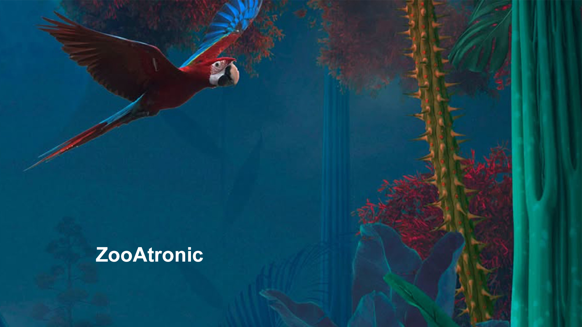A jungle scene with a Zooatronic logo.
