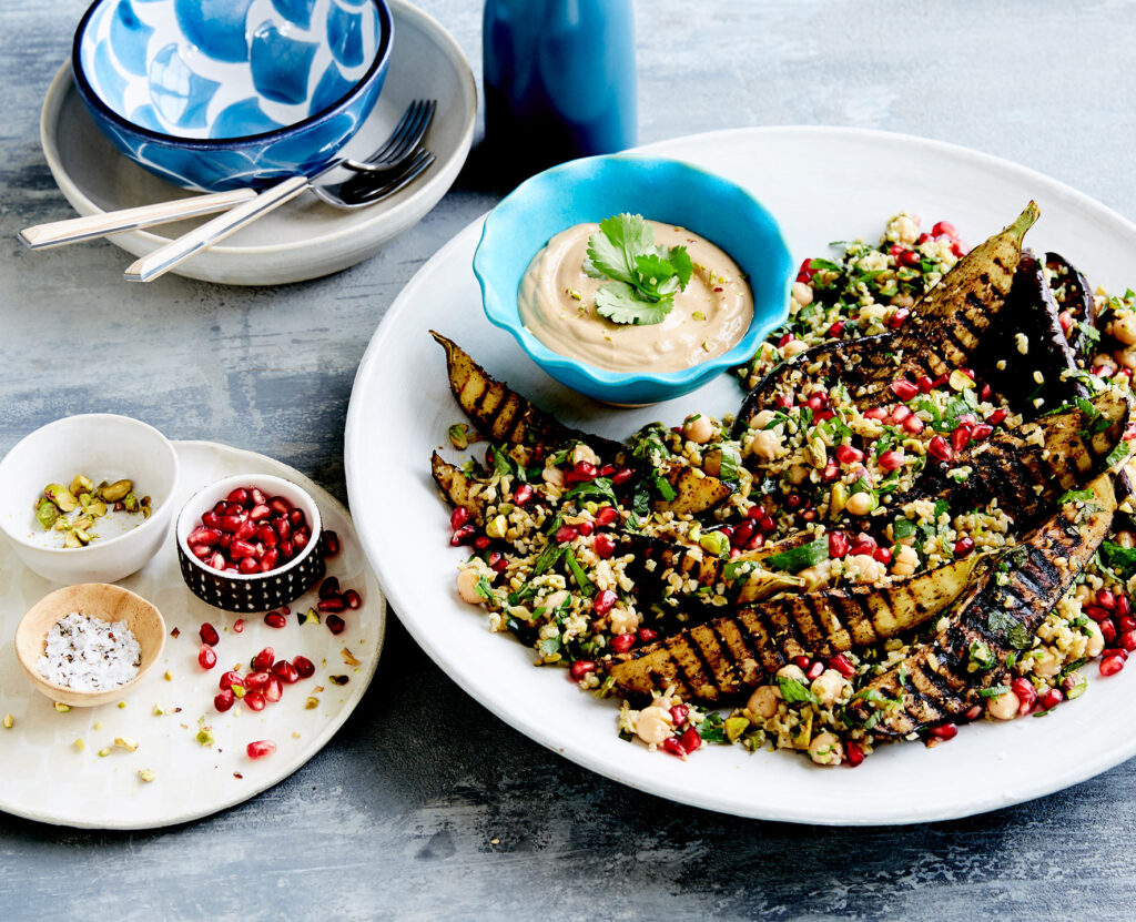 Eggplant & Freekah Salad with Spiced Tahini Dressing recipe