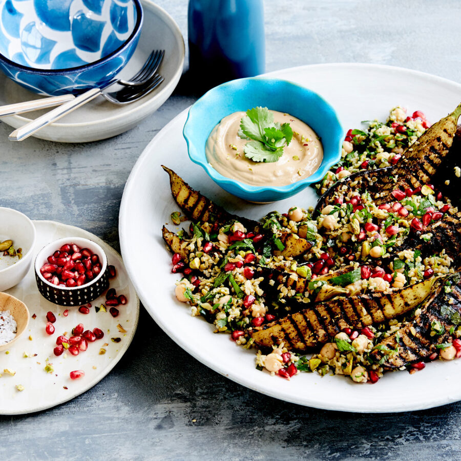 Eggplant & Freekah Salad with Spiced Tahini Dressing recipe