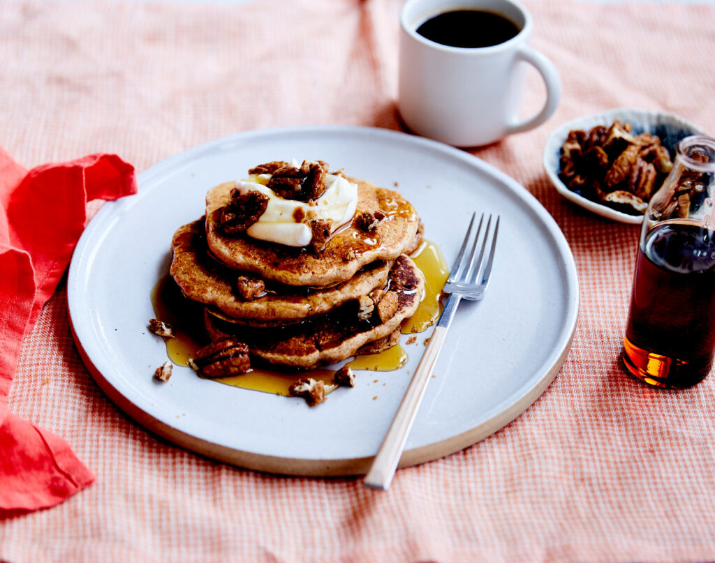 Spiced Pumpkin Pancakes with Maple Pecans recipe