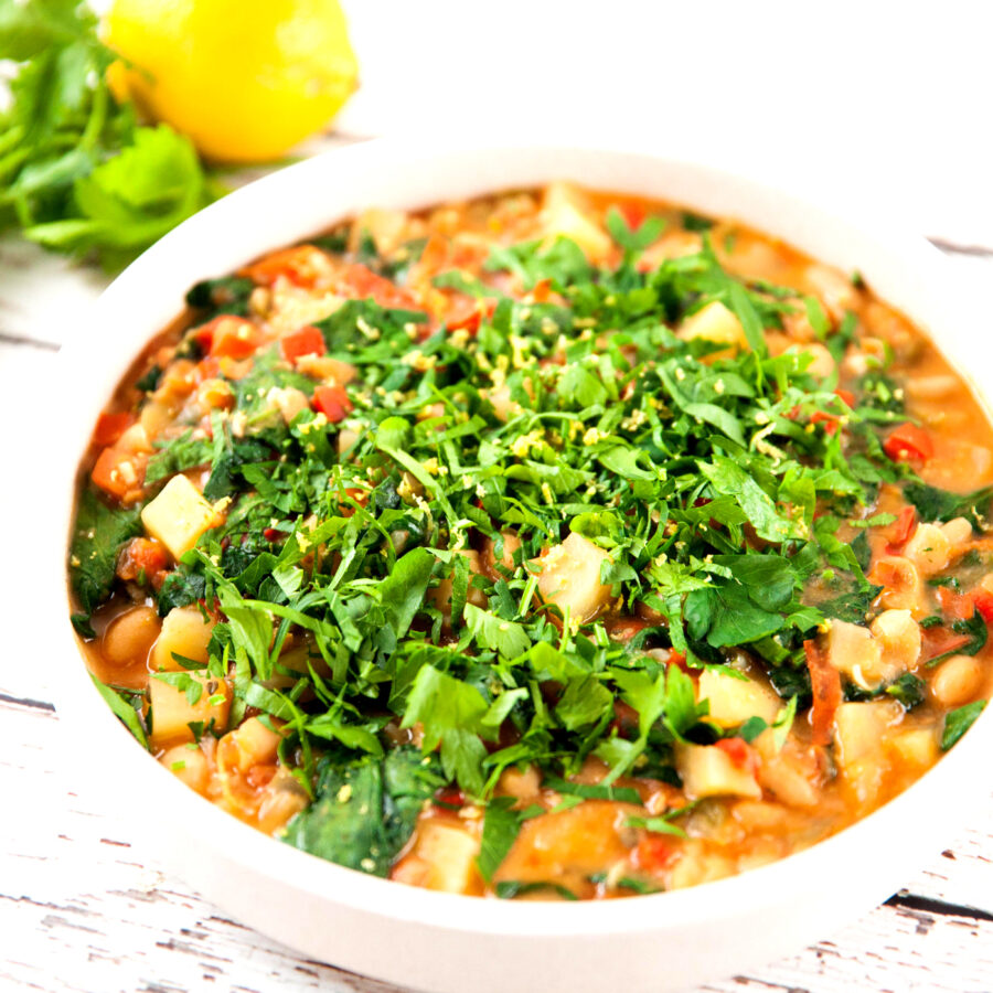Spanish Style White Bean Stew with Potatoes & Spinach recipe