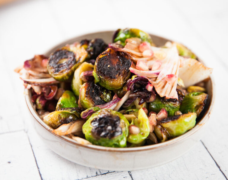 Charred Brussels Sprouts with Pomegranate Molasses & Pistachios recipe
