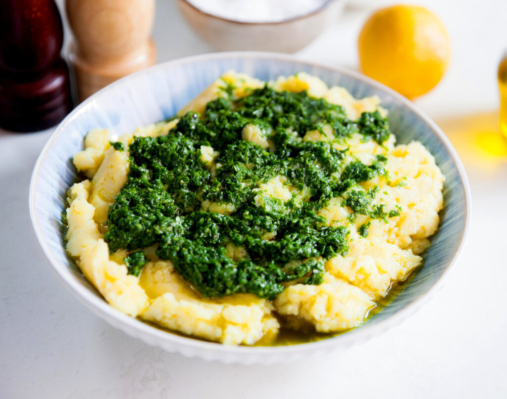 Olive Oil Mash with Herby Green Sauce recipe
