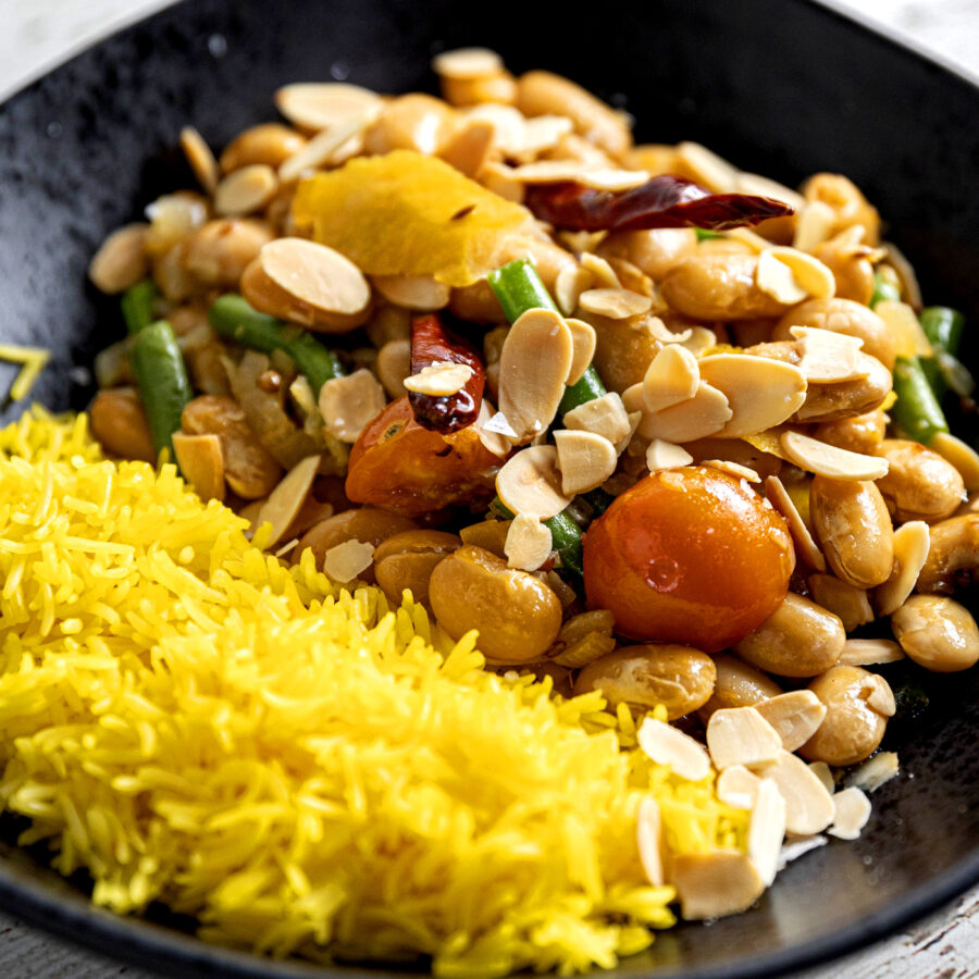 Rich Butter Bean Stew with Saffron Rice & Toasted Almonds recipe