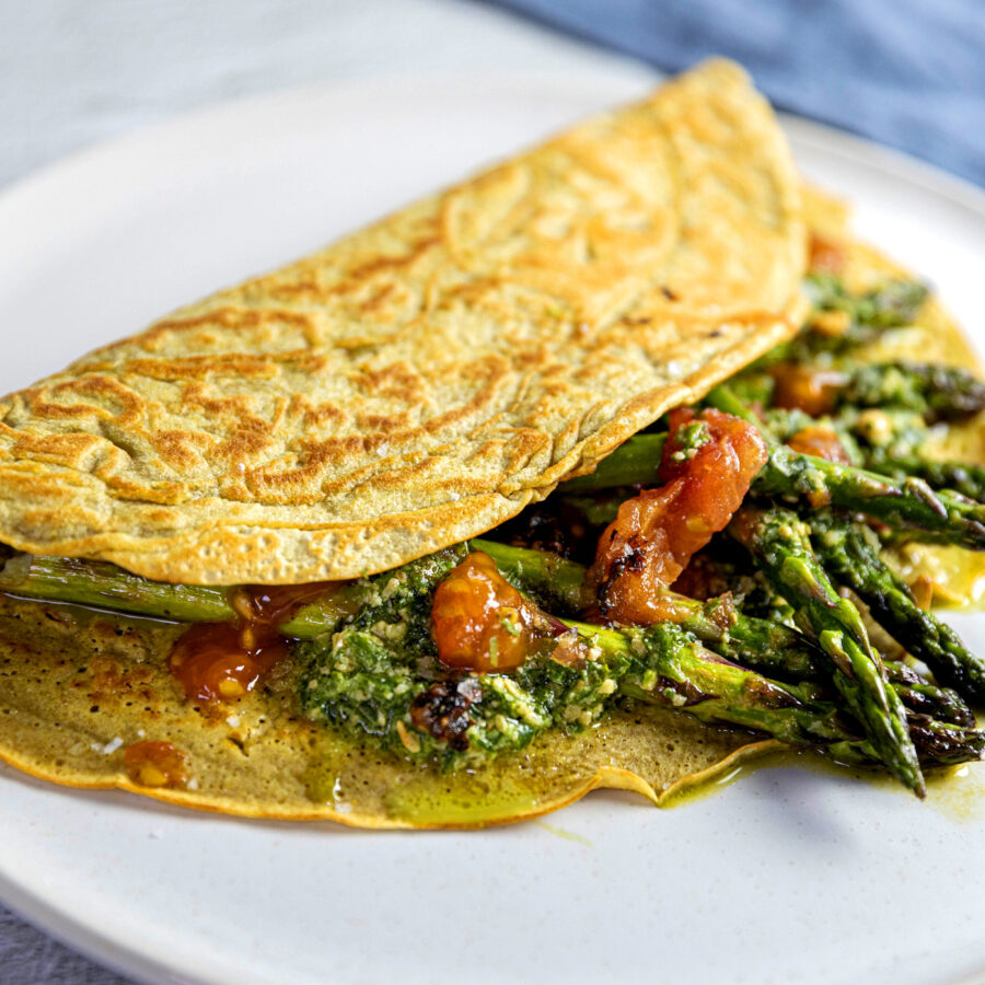 Breakfast Pancake Wrap with Grilled Asparagus & Herb Sauce recipe