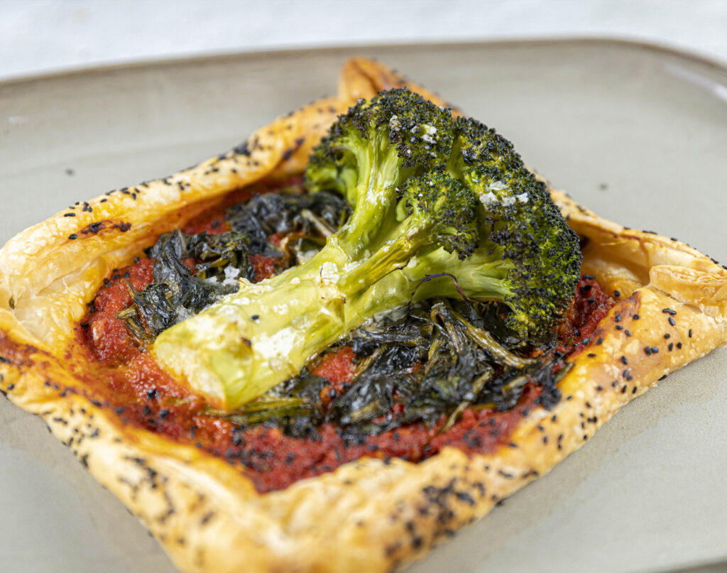 delicious looking vegan pastry with broccoli and spinach filling