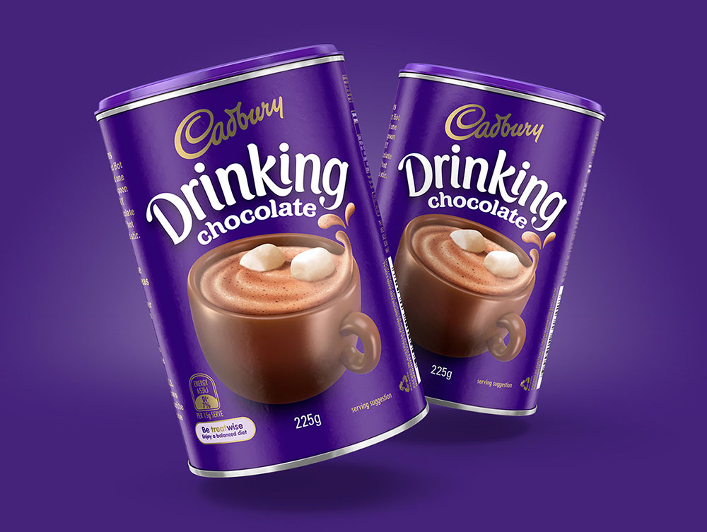 Two containers of Cadbury drinking chocolate on a purple background.