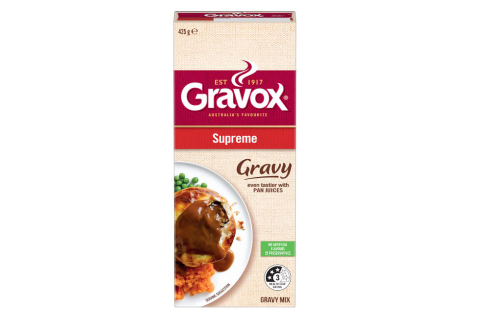 Stock photo of a box of Gravox supreme gravy.