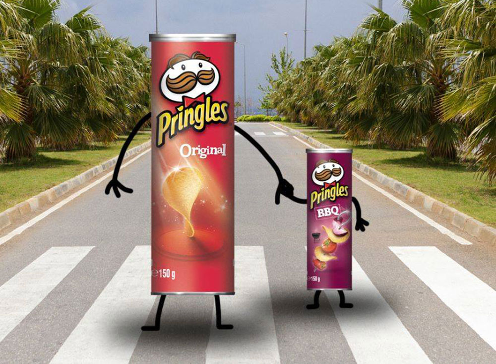 Two tubes of Pringles, one original and one BBQ-flavoured, have been animated with arms and legs. They are holding hands on a road crossing.