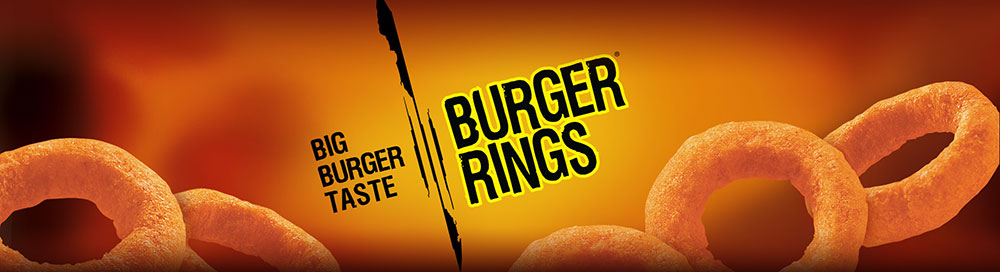 A close-up of the artwork on the Burger Rings packet. 