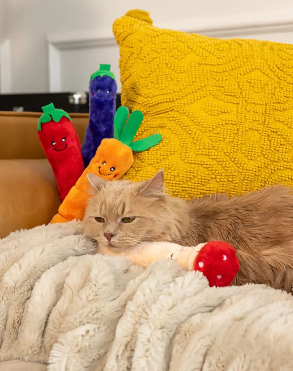 A long haired brown-ginger cat lounges on a couch with their head on a mushroom plushie. A red pepper, eggplant, and carrot plushie all sit to the side. 