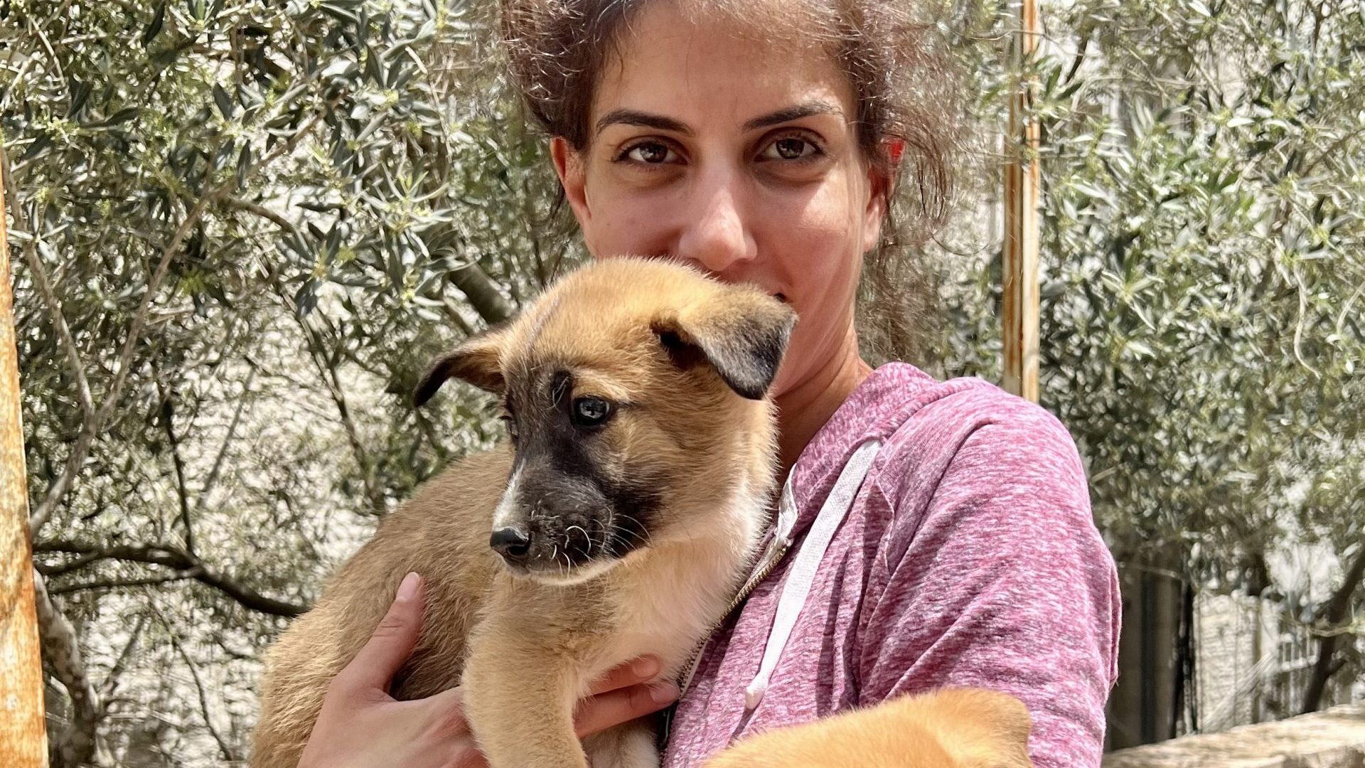 A woman cuddling two young pups